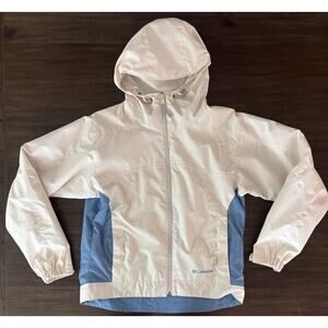 Columbia Packable Jacket Womens Medium Cream Blue Hooded Windbreaker Lightweight